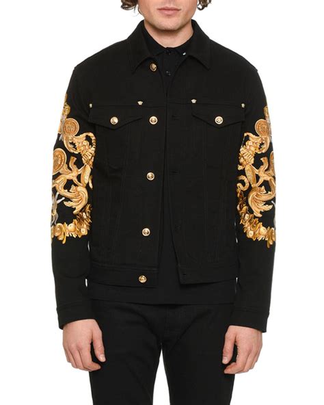 versace men leather jacket|Versace black denim jacket.